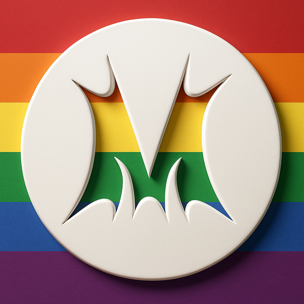 Esta imagem é o logotipo da Múltiplas Identidades, apresentando a letra 'M' estilizada sobre um fundo branco, contornado pela bandeira arco-íris LGBTQIAPN+. As barras diagonais do 'M' são adornadas de forma que lembram presas.